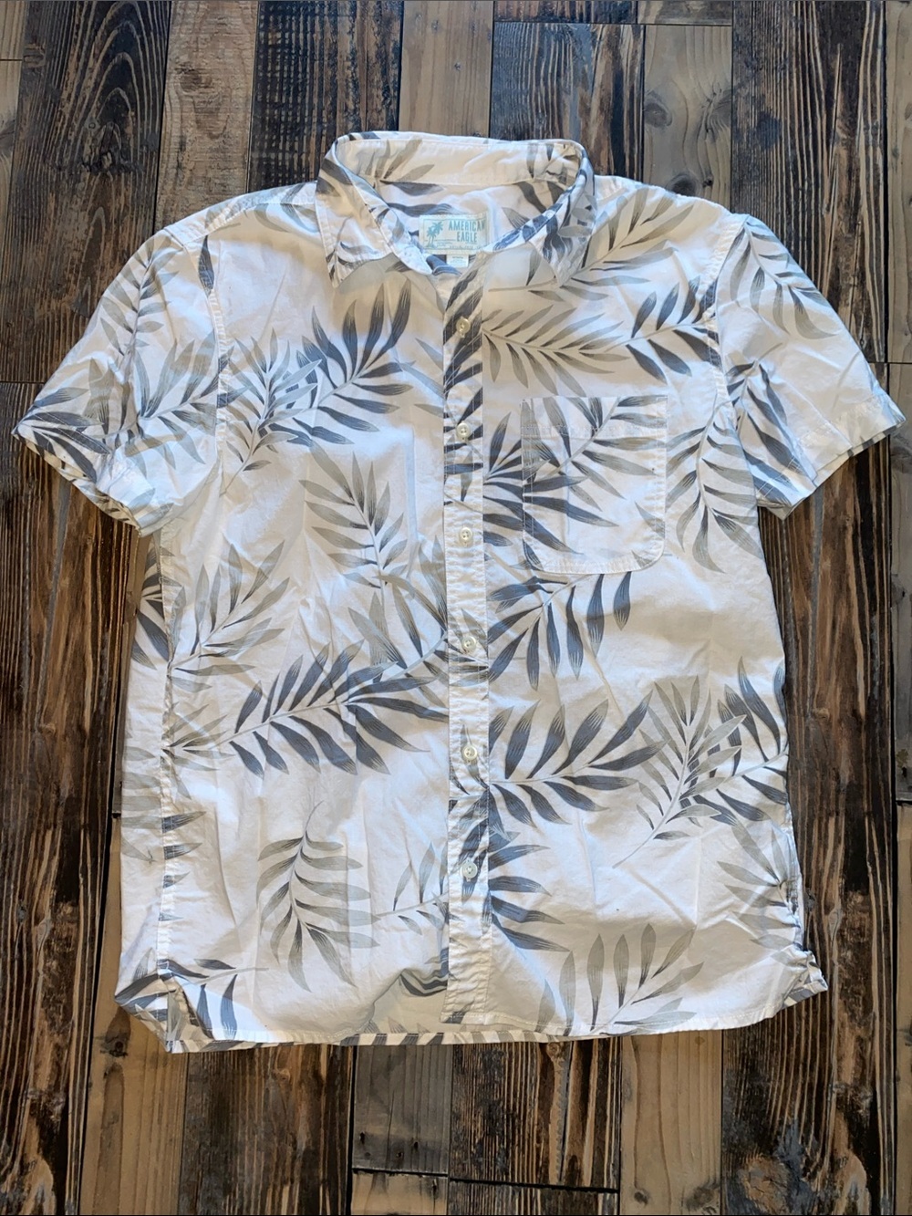 American Eagle Outfitters White Short-Sleeve Button-Down with Gray Leaf Print